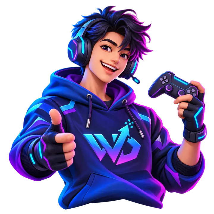 Maskot Warung Dwi Gaming memakai headset dan memegang controller